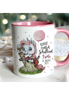 Tasse Emaille Becher zum Schulanfang zur Einschulung Einhorn Schultüte Spruch Hurra endlich Schulkind Wunschname Datum Geschenk Bundle76 ts2124 eb691