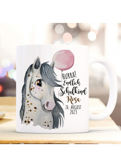 Tasse Emaille Becher zum Schulanfang zur Einschulung Pferd Schimmmel Spruch Hurra endlich Schulkind Wunschname Datum Geschenk Bundle77 ts2125 eb690