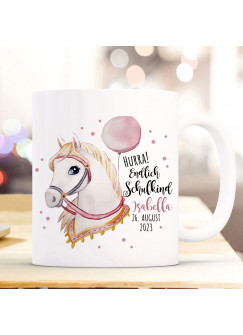 Tasse Emaille Becher zum Schulanfang zur Einschulung Pferd Stute mit Halfter Spruch Hurra endlich Schulkind Wunschname Datum Geschenk Bundle79 ts2127 eb692