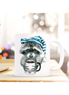 Tasse Waschbär mit Kaffeetasse und Schlafmütze ts213