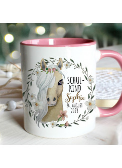 Tasse Emaille Becher zum Schulanfang zur Einschulung Pferd Stute Blumen Kranz Spruch Schulkind Wunschname Datum Geschenk Bundle82 ts2130 eb695