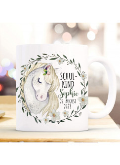 Tasse Emaille Becher zum Schulanfang zur Einschulung Pferd Stute weiß Schimmel Kranz Spruch Schulkind Wunschname Datum Geschenk Bundle83 ts2131 eb696