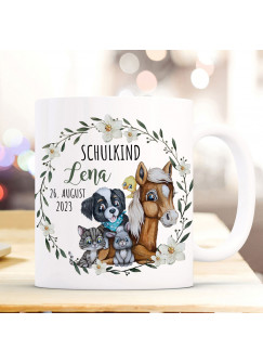 Tasse Emaille Becher zum Schulanfang zur Einschulung Bauernhoftiere Kranz Spruch Schulkind Wunschname Datum Geschenk Bundle85 ts2133 eb698