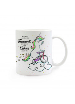 Tasse Einhorn Einhorntasse auf Fahrrad mit Sternen Punkten und Spruch Traumwelt ts296