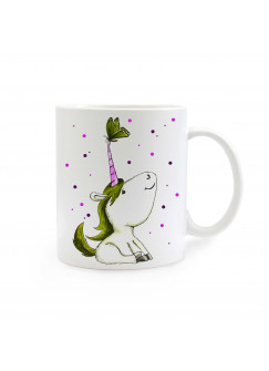 Tasse Einhorn Einhorntasse mit Schmetterling und Punkten grün lila cup unicorn with butterfly and dots green purple ts297