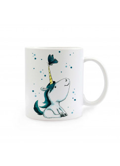 Tasse Becher Kindertasse Kinderbecher Kaffeetasse Kaffeebecher Einhorntasse Einhorn mit Schmetterling und Punkten türkis cup mug coffee cup coffee mug children cup children mug unicorn with butterfly and dots turquoise ts298