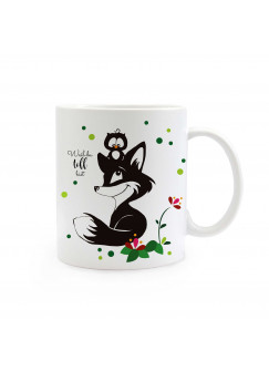 Tasse Fuchs und Eule mit Blumen Punkten und Spruch weil du toll bist ts311