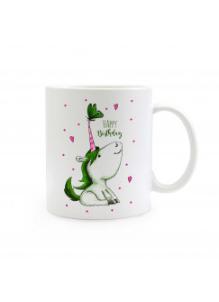 Einhorntasse Tasse Einhorn mit Schmetterling Herzen Punkten und Spruch Happy Birthday ts322