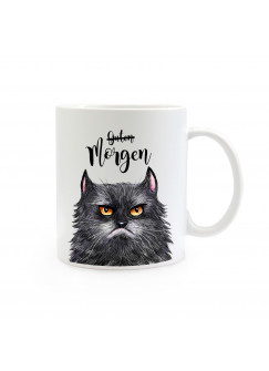 Tasse Becher Kaffeetasse Kaffeebecher Kindertasse Kinderbecher grimmige Katze mit Spruch Guten Morgen Cup mug children mug children cup coffee mug coffee cup grim cat with saying good morning ts358