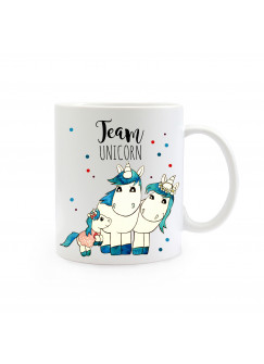 Tasse Becher Einhörner Einhorn Familie mit bunten Punkten und Spruch Team Unicorn ts370