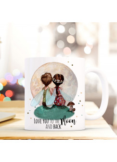 Tasse Becher Kaffeetasse Kaffeebecher Kindertasse Kinderbecher Feen Elfen Feenpaar Elfenpaar Elfenpärchen Feenpärchen mit Spruch Zitat love you to the moon and back cup mug children cup children mug coffee cup coffee mug elves fairies fairy couple with qu