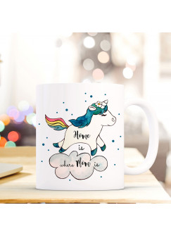 Tasse Becher Kaffeetasse Einhorn mit Punkten und Spruch Home is where mom is ts429