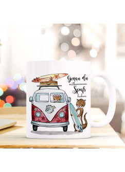 Tasse Becher Kaffeetasse Kaffeebecher Surfbus mit Otter und Spruch Genau du mitkommen Spaß haben ts455