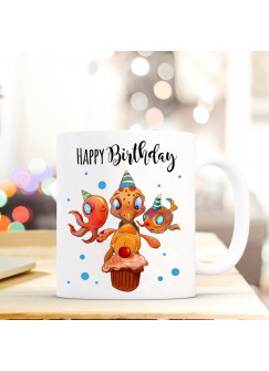 Tasse Becher Kaffeetasse Kaffeebecher Schildkröte mit Fisch Tintenfisch Punkten und Spruch Happy Birthday ts461