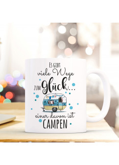 Tasse Becher Kaffeetasse Kaffeebecher Caravan mit Punkten und Spruch ... viele Wege zum Glück... einer davon ist campen ts463