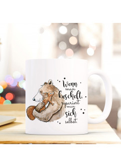 Tasse mit Spruch Becher Kaffeetasse Kaffeebecher Bär und Eichhörnchen mit Spruch kuscheln... ts470