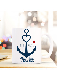 Tasse Anker Spruch Becher Kaffeetasse Kaffeebecher maritim mit Anker Herz und Spruch Aller Bester Bruder ts483