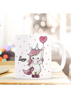 Tasse Becher Einhorn mit Herz Ballon Kaffeebecher mit Name Wunschname ts503