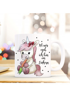 Tasse Becher süßes Einhorn Kaffeetasse Kaffeebecher mit Punkte & Spruch mir egal, ich bin ein Einhorn... ts507