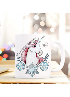 Tasse Becher Einhorn mit Schneeflocken Spruchbecher Kaffeebecher mit Name Wunschname ts545