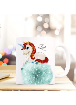 Tasse Becher Einhorn auf Pusteblume Spruchbecher Kaffeebecher mit Name Wunschname ts546