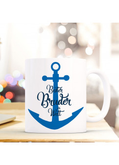 Tasse Becher mit Anker & Spruch Bester Bruder der Welt" Geschenk Kaffeebecher Ankertasse mit Motto Zitat ts550"