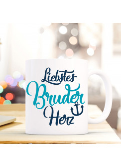 Tasse Becher mit Spruch Liebstes Bruder Herz" Geschenk Kaffeebecher Ankertasse mit Motto Zitat in dunkelblau/blau ts553c"