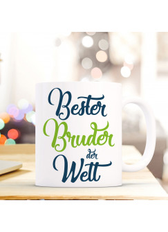 Tasse Becher mit Spruch Bester Bruder der Welt" Geschenk Kaffeebecher Ankertasse mit Motto Zitat in blau/grün ts554a"