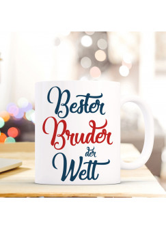 Tasse Becher mit Spruch Bester Bruder der Welt" Geschenk Kaffeebecher Ankertasse mit Motto Zitat in blau/rot ts554c"