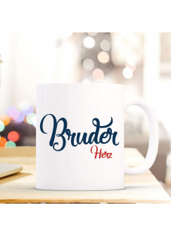 Tasse Becher mit Spruch Bruder Herz" Geschenk Kaffeebecher Spruchtasse mit Motto Zitat in blau/rot ts556"