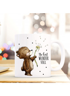 Tasse Becher Bär & Pusteblume Geschenk Kaffeebecher mit Spruch Motto Zitat Du bist Wundervoll ts567