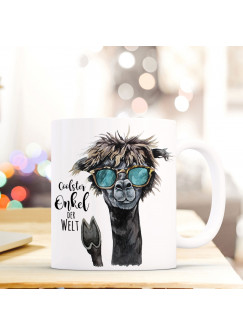 Tasse Becher mit Lama & Spruch "Coolster Onkel der Welt" Zitat Geschenk Kaffeebecher mit Motto ts575