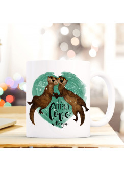 Tasse Becher Otter verliebt mit Spruch Motto "I'm otterly in love with you" Zitat Geschenk Kaffeebecher ts576