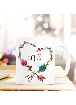 Tasse Becher mit Blumenherz & Name Wunschname Kaffeebecher Geschenk Hochzeit ts604