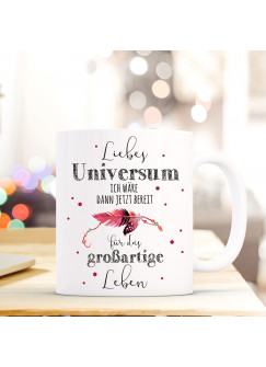 Tasse Becher mit Feder Spruch & Punkte Kaffeebecher Geschenk Spruchbecher Liebes Universum ts614