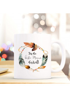 Tasse Muttertag Becher Kaffeetasse Kaffeebecher mit Federkranz und Spruch ...beste Mama der Welt ts631