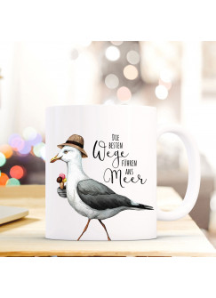 Lustige Tasse Becher Kaffeetasse mit Möwe Eis Spruch Kaffeebecher Geschenk Spruchbecher Weg ans Meer... ts648