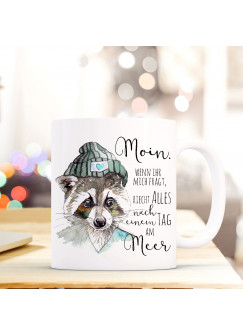 Maritime Tasse Becher Kaffeetasse mit Waschbär & Spruch Kaffeebecher Geschenk Spruchbecher Tag am Meer ts651