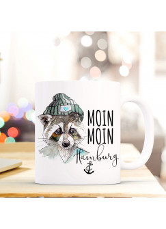 Maritime Tasse Becher Kaffeetasse mit Waschbär Spruch Kaffeebecher Geschenk Spruchbecher... moin moin hamburg ts652