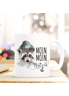 Maritime Tasse Becher Kaffeetasse mit Waschbär Spruch Kaffeebecher Geschenk Spruchbecher... moin moin Rostock ts653