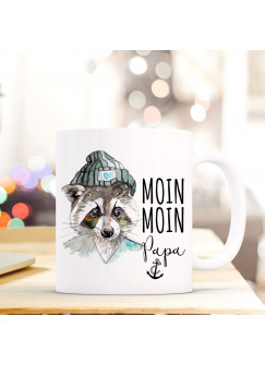 Maritime Tasse Becher Kaffeetasse mit Waschbär Spruch Kaffeebecher Geschenk Spruchbecher... moin moin Papa ts654