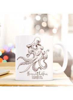 Maritime Tasse Becher Käpt'n Krake Kaffeetasse Kaffeebecher Geschenk mit Octopus Motto Spruch Heimathafen Hamburg ts662