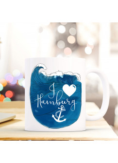 Maritime Tasse Becher Kaffeetasse mit Meer & Anker Kaffeebecher Geschenk mit Motto Spruch I love Hamburg ts666