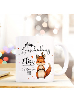 Tasse Becher Einschulung mit Fuchs Punkte Spruch Wunschnamen und Datum Kinderbecher Geschenk ts687