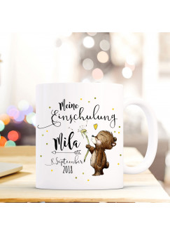 Tasse Becher Einschulung mit Bär Pusteblume Punkte Spruch Wunschnamen und Datum Kinderbecher Geschenk ts688