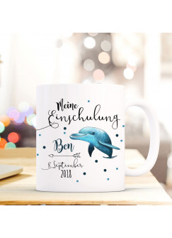 Tasse Becher Einschulung mit Delfin Punkte Spruch Wunschnamen und Datum Kinderbecher Geschenk ts690