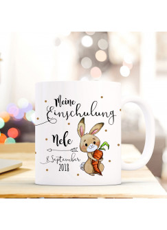 Tasse Becher Einschulung mit Hase Häschen Punkte Spruch Wunschnamen und Datum Kinderbecher Geschenk ts691