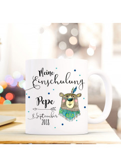 Tasse Becher Einschulung mit Boho Bär Punkte Spruch Wunschnamen und Datum Kinderbecher Geschenk ts693