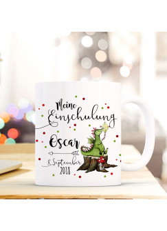 Tasse Becher Einschulung mit Drache Punkte Spruch Wunschnamen und Datum Kinderbecher Geschenk ts696