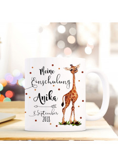 Tasse Becher Einschulung mit Giraffe Punkte Spruch Wunschnamen und Datum Kinderbecher Geschenk ts700